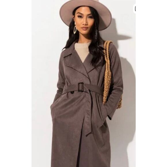 Akira Back in the Day Faux Suede Classic Style Trench Coat, L - Picture 1 of 8